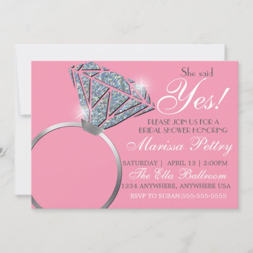 Diamond ring Bridal shower she said yes pink Invitation