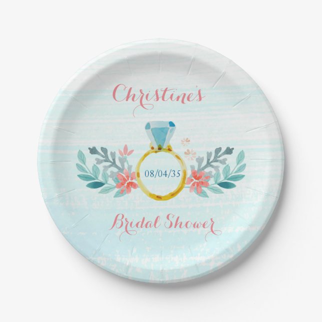 Diamond Ring Floral Bridal Shower Paper Plates (Front)