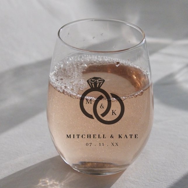 Diamond Ring Monogram Wedding Favor Stemless Wine Glass (Creator Uploaded)