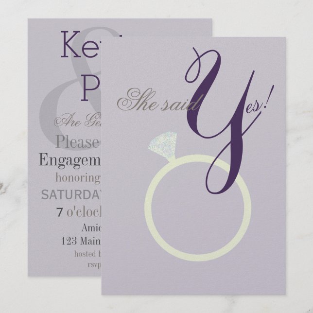 Diamond Ring She Said Yes Gray & Mauve Party Card (Front/Back)