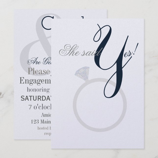 Diamond Ring She Said Yes Navy And Gray Party Card (Front/Back)