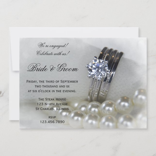 Diamond Rings and White Pearls Engagement Party Invitation (Front)