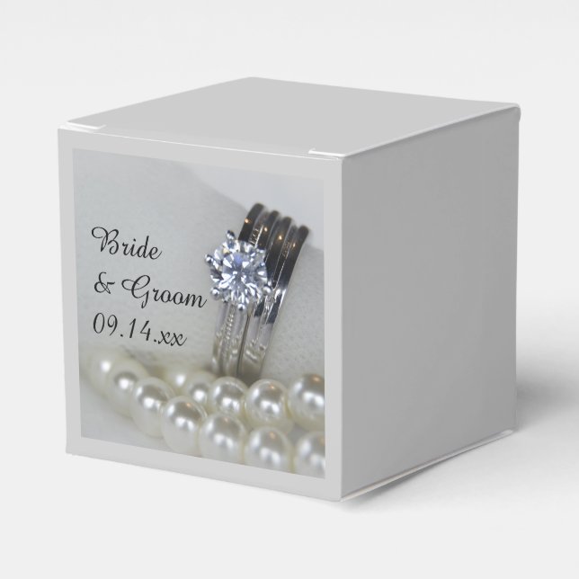 Diamond Rings and White Pearls Wedding Favor Boxes (Front Side)