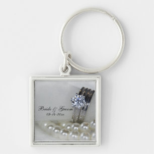 Diamond Rings and White Pearls Wedding Keychain