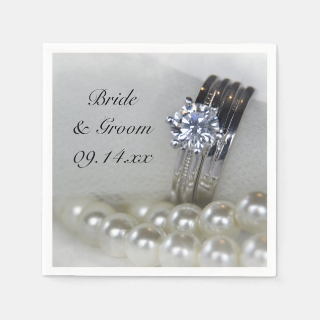 Diamond Rings and White Pearls Wedding Paper Napkins (Front)