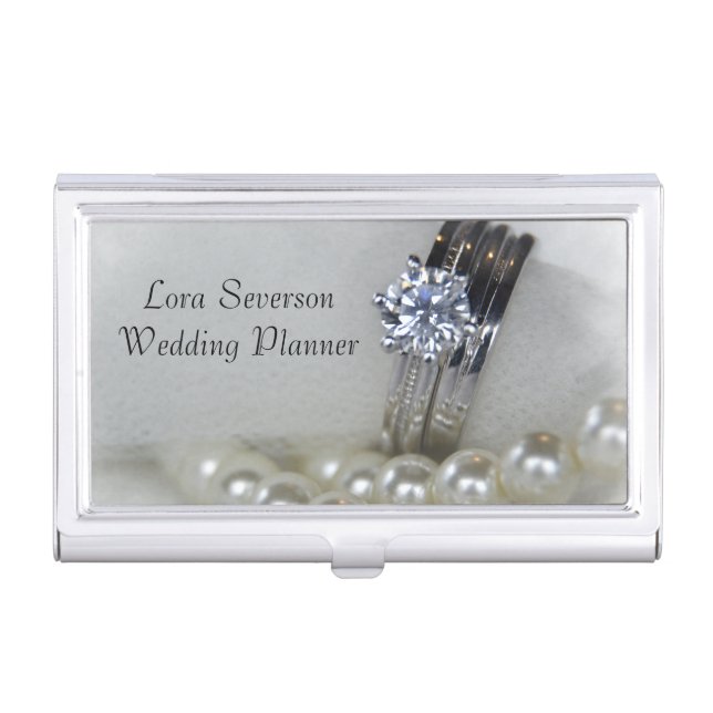 Diamond Rings and White Pearls Wedding Planner Business Card Case (Front)
