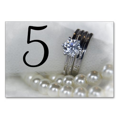 Diamond Rings and White Pearls Wedding Table Number