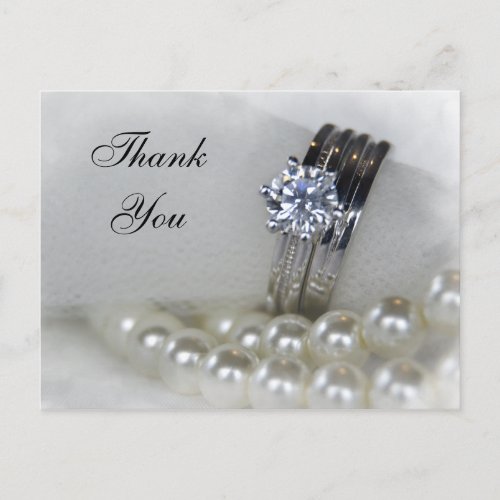 Diamond Rings and White Pearls Wedding Thank You Postcard