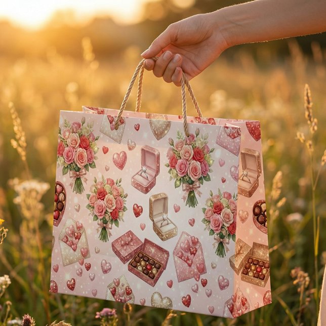 Diamond Rings, Roses & Luxury Gift Boxes Pattern Large Gift Bag (Creator Uploaded)
