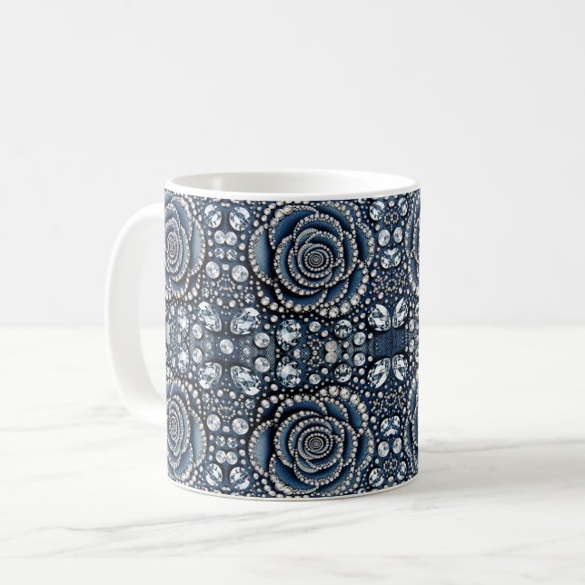 Diamond Rose & Denim Glam Bling Jewels Coffee Mug (Front Left)