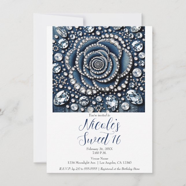 Diamond Rose & Denim Glam Sweet 16 Birthday Party Invitation (Front)