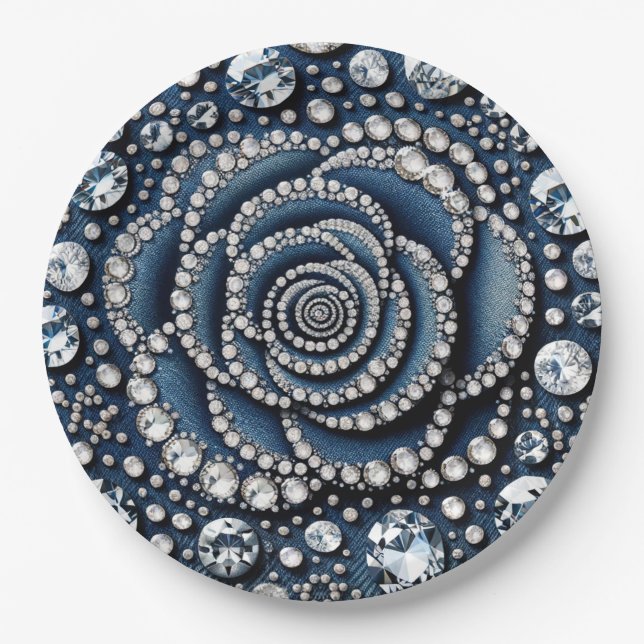 Diamond Rose & Denim Glam Sweet 16 Birthday Party Paper Plates (Front)