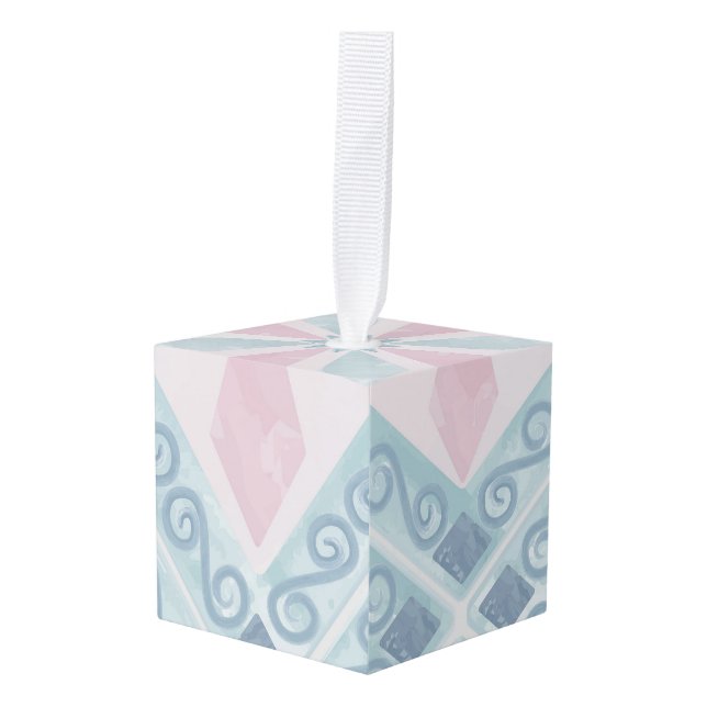 diamond shaped blue pattern cube ornament (Front Angled)