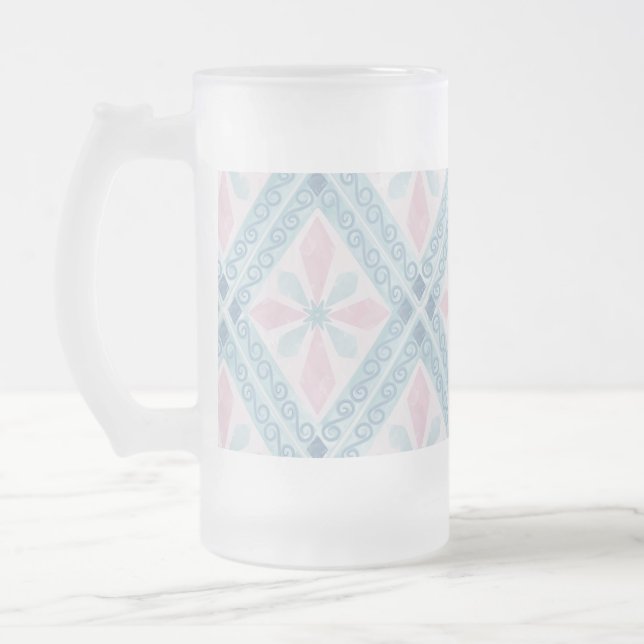 diamond shaped blue pattern frosted glass beer mug (Left)