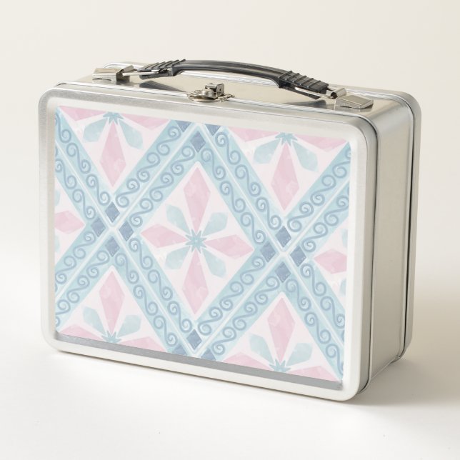 diamond shaped blue pattern metal lunch box (Front)
