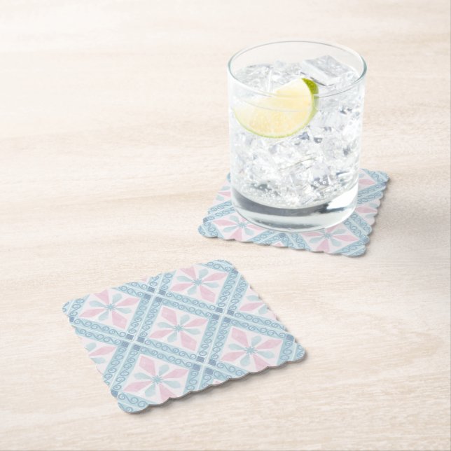 diamond shaped blue pattern paper coaster (Insitu)