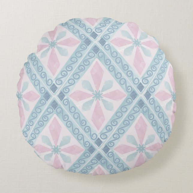 diamond shaped blue pattern round pillow (Front)