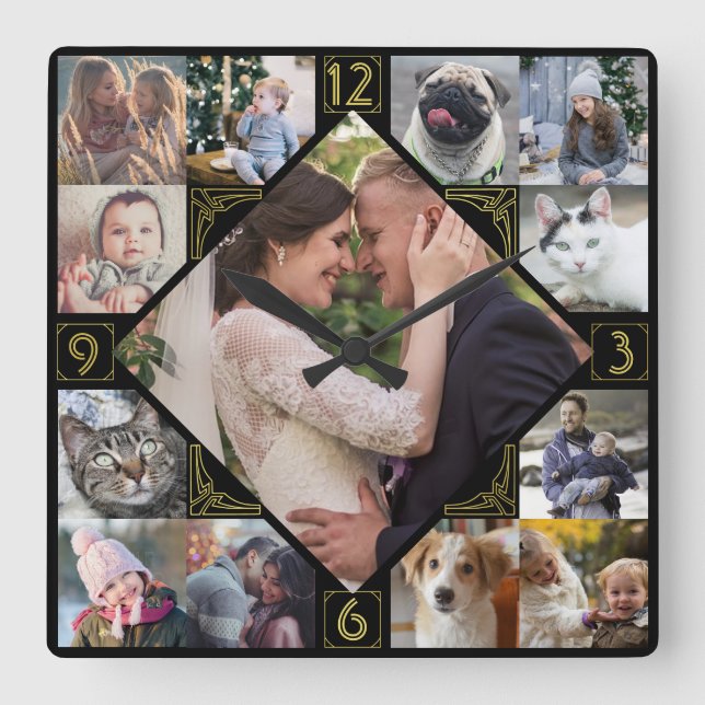 Diamond Shaped Family Photo Collage Mod Black Gold Square Wall Clock (Front)
