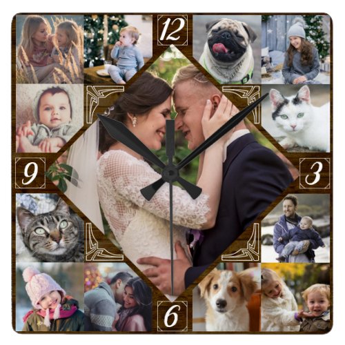 Diamond Shaped Family Photo Collage Rustic Dk Wood Square Wall Clock
