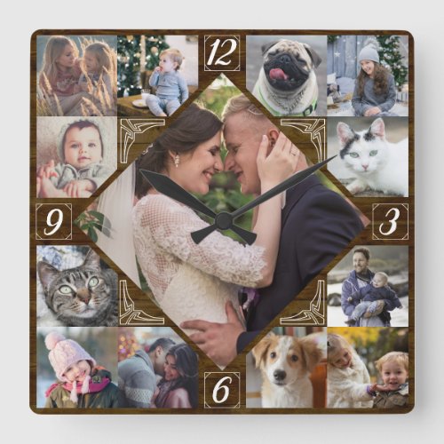 Diamond Shaped Family Photo Collage Rustic Dk Wood Square Wall Clock