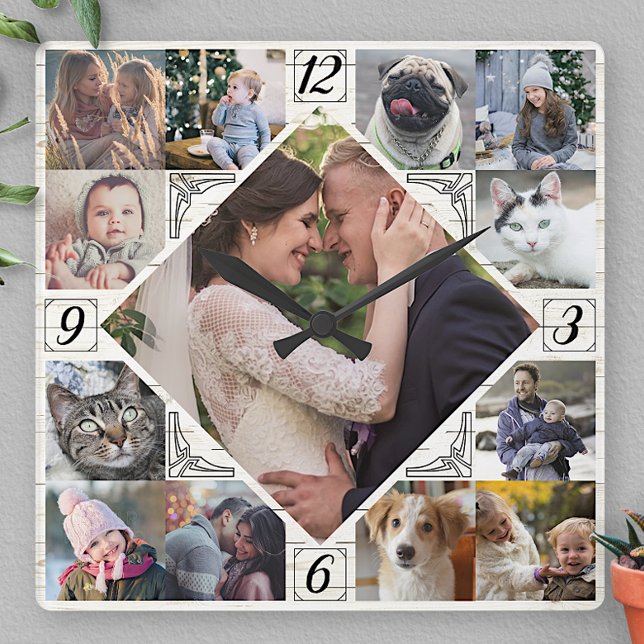 Diamond Shaped Family Photo Collage Rustic Lt Wood Square Wall Clock (Creator Uploaded)