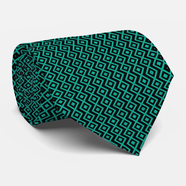 Diamond Shaped Harlequin Pattern Black Turquoise Neck Tie (Rolled)