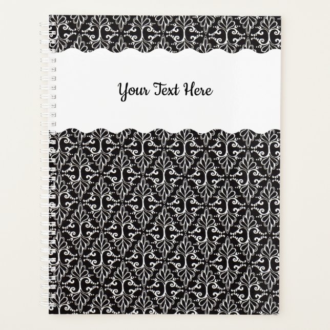 Diamond shaped White ornate Scrolls on black Planner (Front)