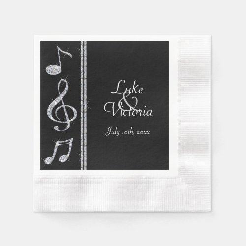 Diamond Shimmer Music Lovers On Black Wedding Paper Napkins