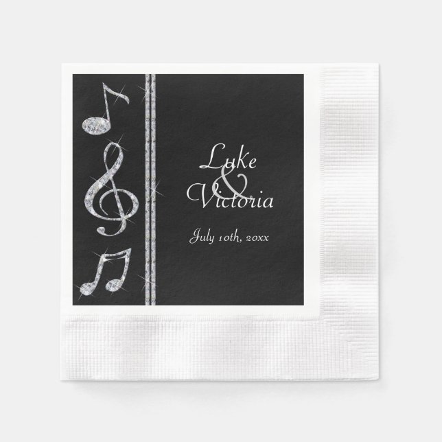 Diamond Shimmer Music Lovers On Black Wedding Paper Napkins (Front)