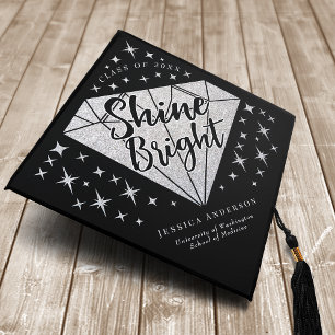 Diamond Shine Bright Silver Black Graduation Cap Topper