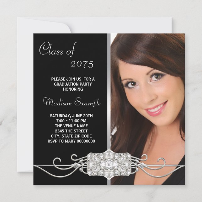 Diamond Silver and Black Photo Graduation Invitation (Front)