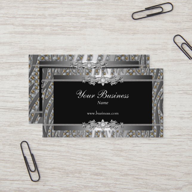 Diamond Silver Black Elegant Zebra Jewel Business Card (Front/Back In Situ)
