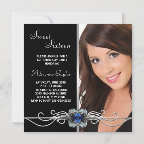 Diamond Silver Black Photo Sweet Sixteen Birthday Custom Announcements