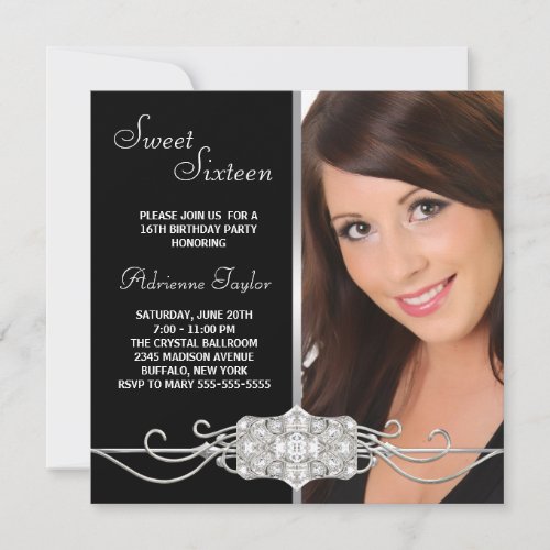 Diamond Silver Black Photo Sweet Sixteen Birthday Personalized Invite