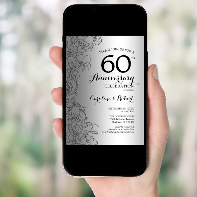 Diamond Silver Floral 60th Anniversary Invitation (Front Digital)