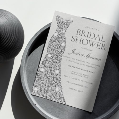 Diamond Silver Shimmer Dress Gown Bridal Shower Invitation