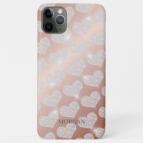 Diamond Small Heart Pattern DIY Name Rose Gold iPhone 11 Pro Max Case