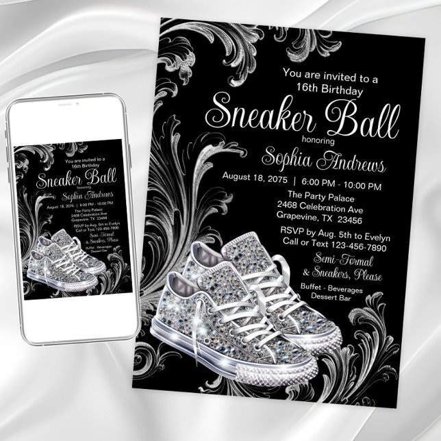 Diamond Sneaker Ball Birthday Party  Invitation (Black white diamond sneakers sneaker ball invitation. Available for Instant download and print.)