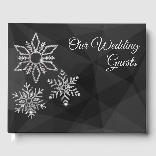 Diamond Snowflake on Black Wedding Guest Book (Front)
