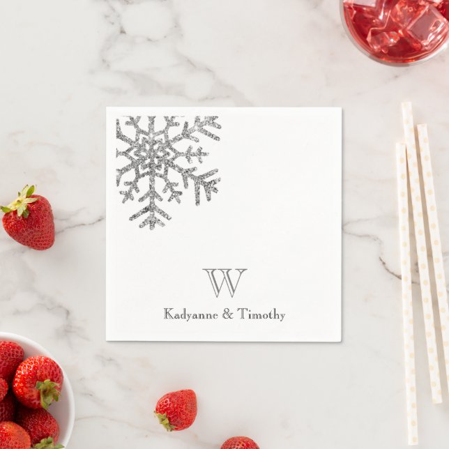 Diamond Snowflake Winter Wedding White Monogram Napkins (Insitu)