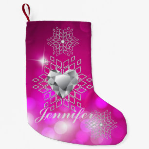 Diamond Snowflakes & Heart Fuschia Bokeh Small Christmas Stocking