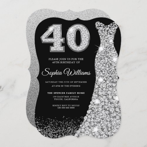 Diamond Sparkle Dress 40th Birthday Party Black Invitation