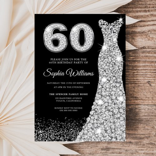 Diamond Sparkle Dress Silver 60th Birthday Party Invitation