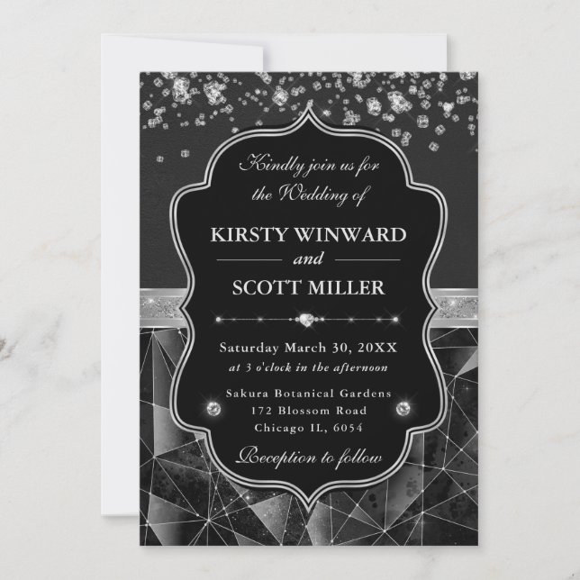 Diamond Sparkle Glamorous Black and Silver Wedding Invitation (Front)
