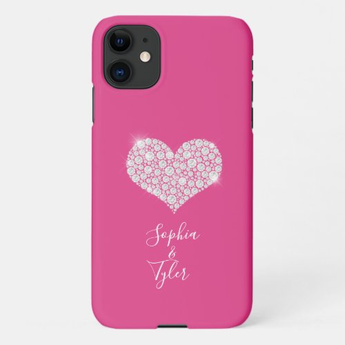 Diamond Sparkle Heart DIY Names Script Deep Pink iPhone 11 Case