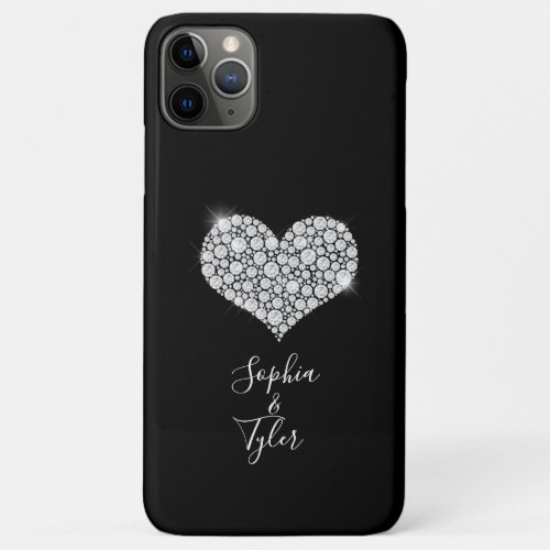 Diamond Sparkle Heart DIY Names Wht Script Black iPhone 11 Pro Max Case
