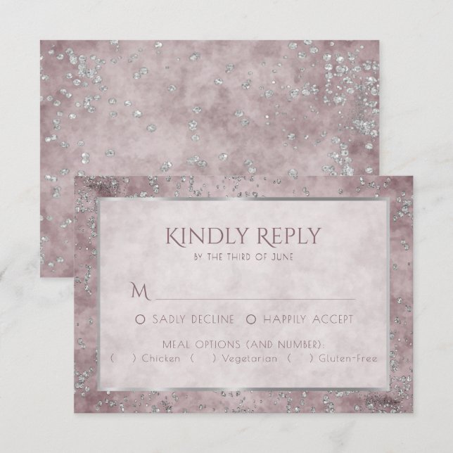 Diamond Sparkle | Mauve and Silver Glitter Entree RSVP Card (Front/Back)