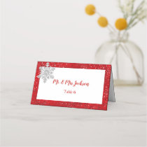 Diamond Sparkle Silver Snowflake Red Satin Place Card