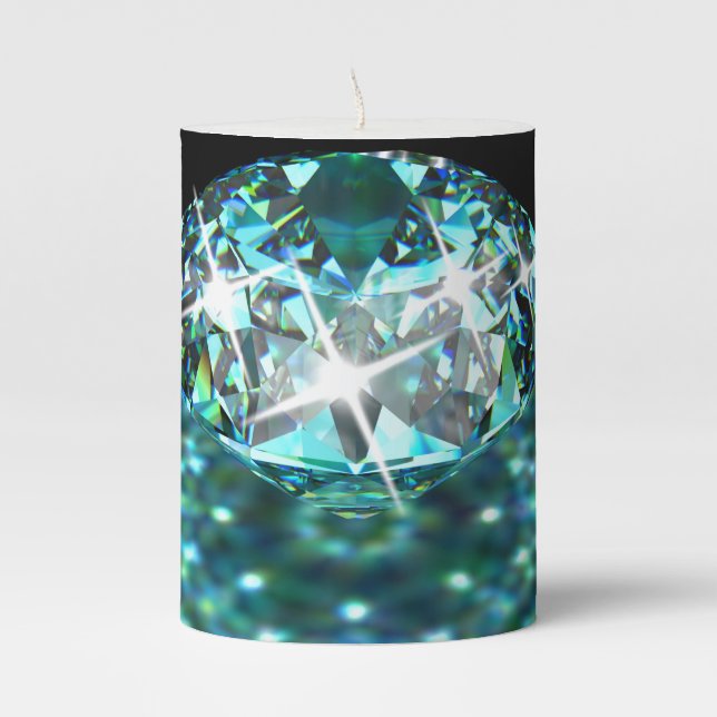 Diamond sparkly jewel elegant teal black pillar candle (Front)