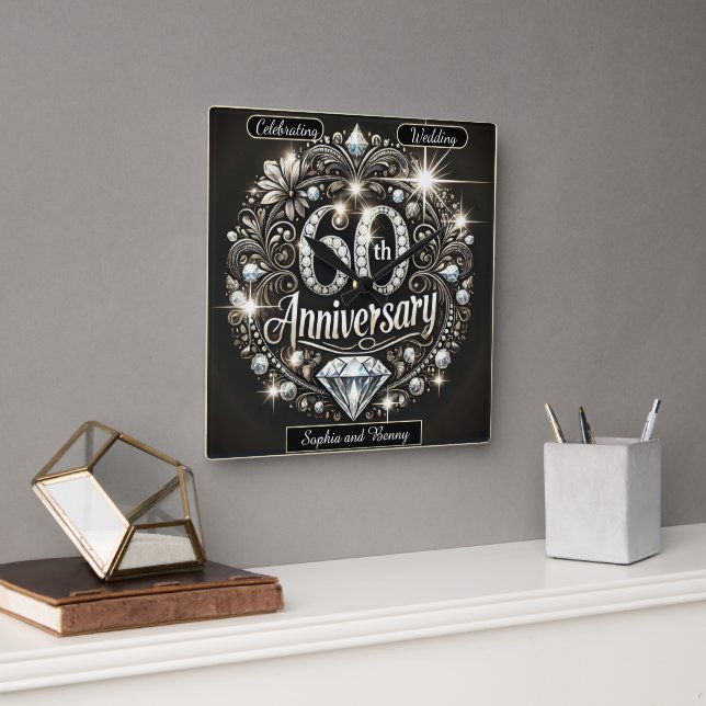 Diamond Splendor: 60th Anniversary Design Square Wall Clock (Office)